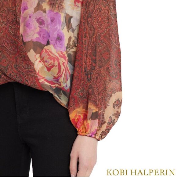 KOBI HALPERIN **NWT** Cleo Paisley-Print Blouson-Sleeve Blouse in Papaya Multi - Picture 13 of 15
